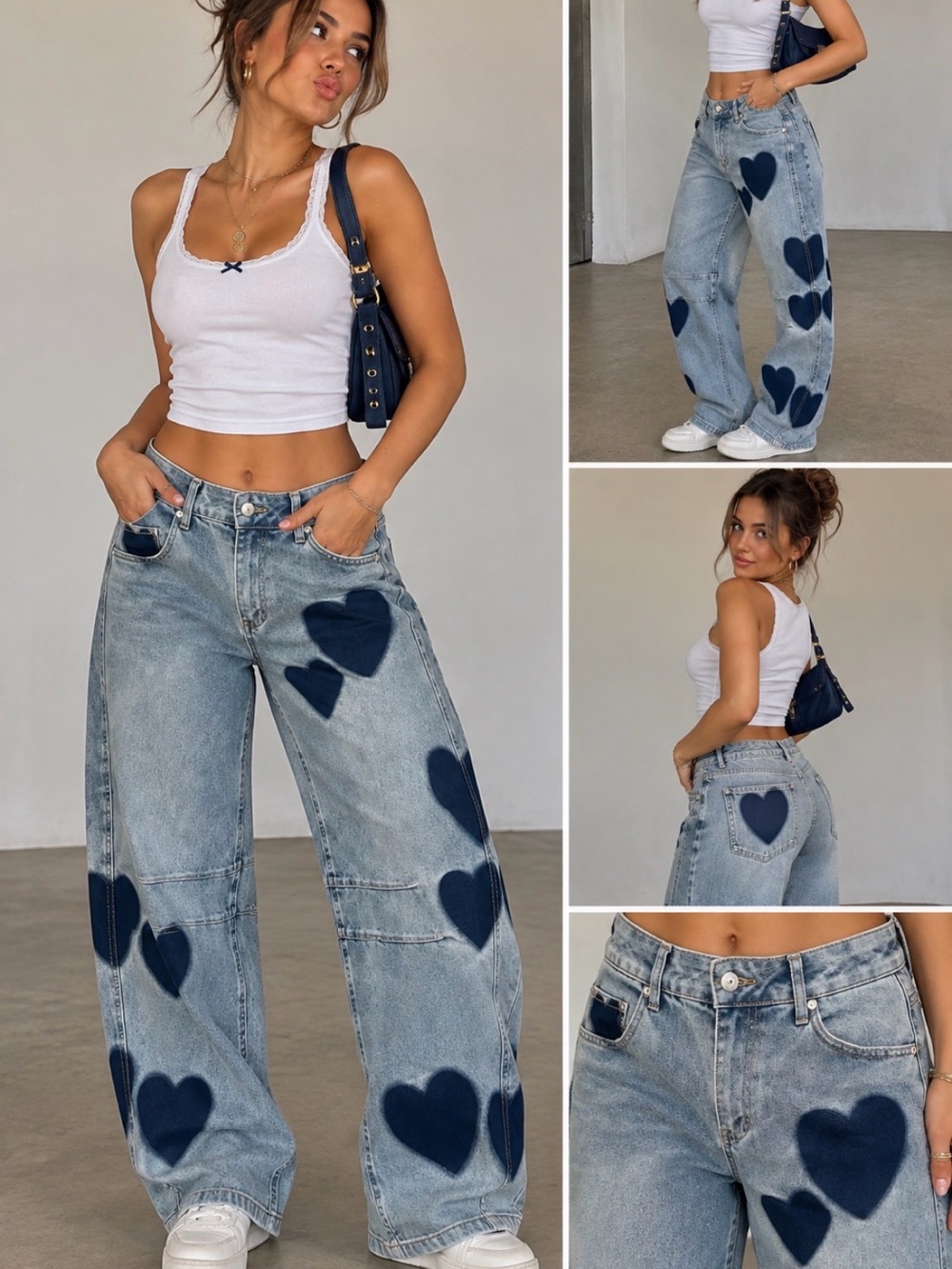 NWOT Women’s Light Blue Denim Jeans with Navy Heart Appliqués (155)